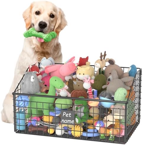 Kaiferty Indestructible Dog Toy basket, Large Toy Bin for Dogs,Pet Toy Bin Dog Metal Basket Organizer Storage for Toys Food Storage (Black)