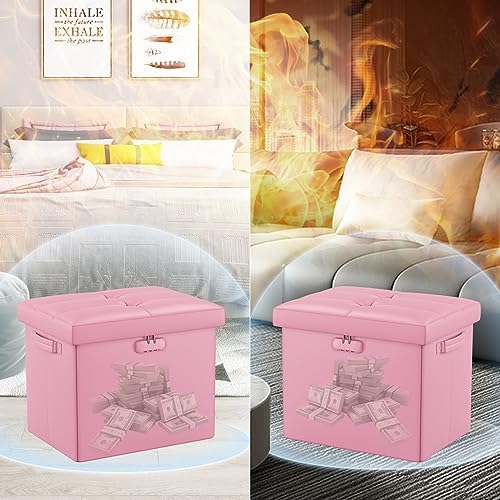 DocSafe Storage Ottoman Foot Rest Stool with Lock ＆ Handles, Fireproof Folding Leather Footstool Bench with Storage Safe for Living Room Bedroom, Home Office, Dorm, 17x13x13in, Pink