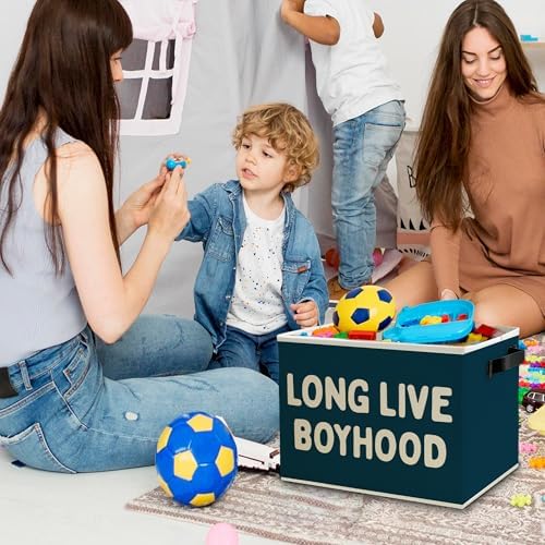 Long Live Boyhood Boys Storage Bins Box with Handles, Blue Pattern Collapsible Basket Organizer for Kids Teen Boy Nursery Room Bedroom Bathroom Playroom Books Clothes