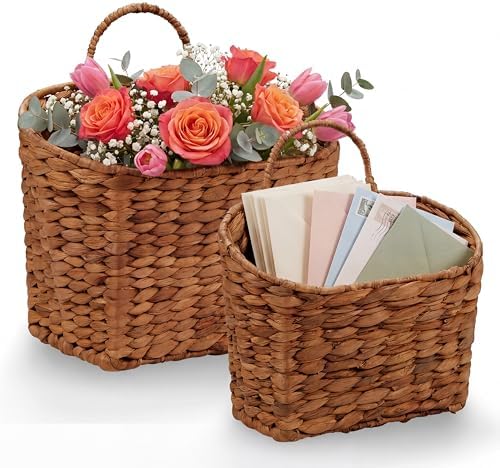 Set of 2 Red Brown Wicker Hanging Baskets for Front Door, Mail, Flowers & Organizing