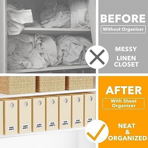 SpaceAid 10 Pack Bed Sheet Organizers and Storage, Foldable Sheet Organizer for Linen Closet, Sheets Set Folder Keeper with Window XL (Queen & King Size) Organizing Bedding Container, Beige