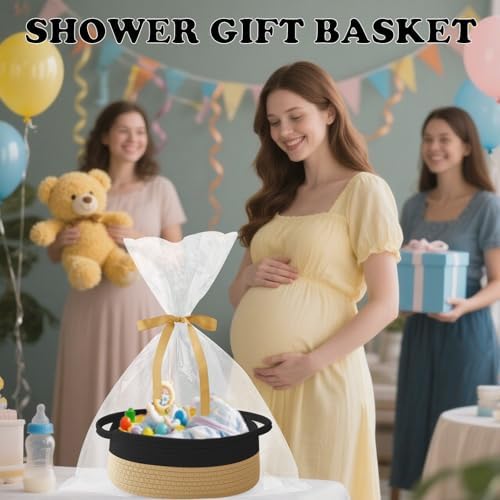 Woven Rope Basket,Baby Gift Basket with Bag & Ribbon, Black&Jute