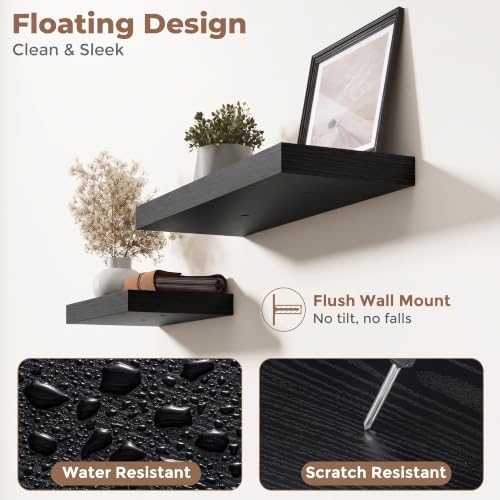 30 Inch Floating Shelves for Wall 2 Pack, 8"D Wood Grain Bathroom Shelves | Invisible Brackets, Black Finish, Easy Install | Engineered Wood Storage Shelves for Kitchen, Study, Bedroom