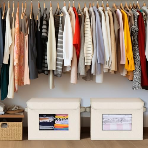 Univivi Collapsible Stackable Storage Bins with Lids, 4 Pack, Beige