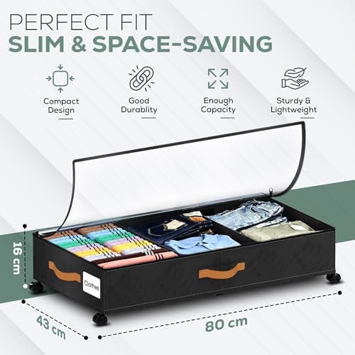 Under Bed Storage with Wheels, 2 Pack (36L Each)| Low Profile Storage Organizer with Clear Window, Double Zipper & 360° Locking Wheels – Rolling Metal Drawer for Clothes, Shoes, & More (Black)