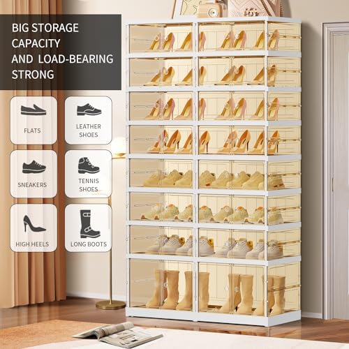 EHAMILY 8-Tier Foldable Shoe Rack Organizer with Doors, 32 Pairs, White