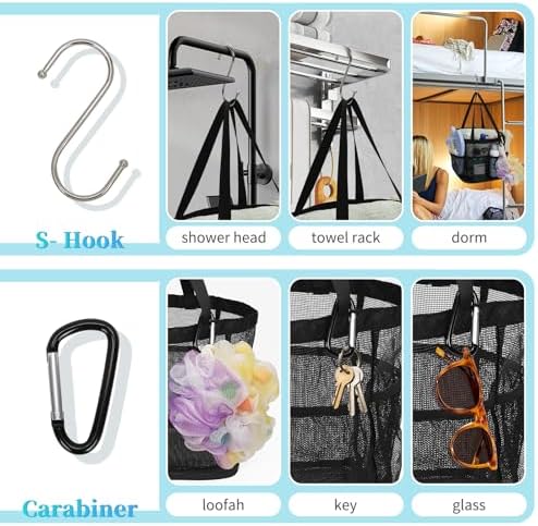 CUBETASTIC Shower Caddy Portable with 7 Outer Pockets – Double Handle Hanging Shower Tote for College Dorm, Quick-Dry 600D Polyester (Stain Resistant Bottom - Black)