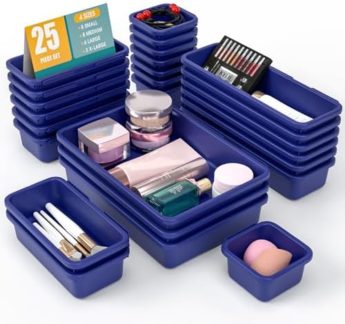StoreHappily 25 PCS Drawer Organizer Set, 4 Size Makeup Drawer Divider Organizer With Non-Slip Pads, Interlocking Plastic Storage Bins for Office,Jewelry Vanity,Gadgets, Bathroom,Kitchen, Navy