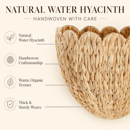 Scalloped Hanging Wicker Baskets for Wall, Scalloped Home Decor, Hanging Woven Rattan Basket for Flowers Front Door Bathroom Storage (Water Hyacinth-Set of 2)