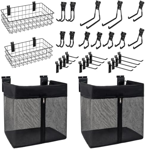 Slatwall Accessories Set: Metal Basket, Mesh Basket and Hooks | Heavy-Duty Slat Wall Organizer Kit for Garage Storage, Wire Basket, Mesh Basket with Zipper and Hooks Wide Assortment