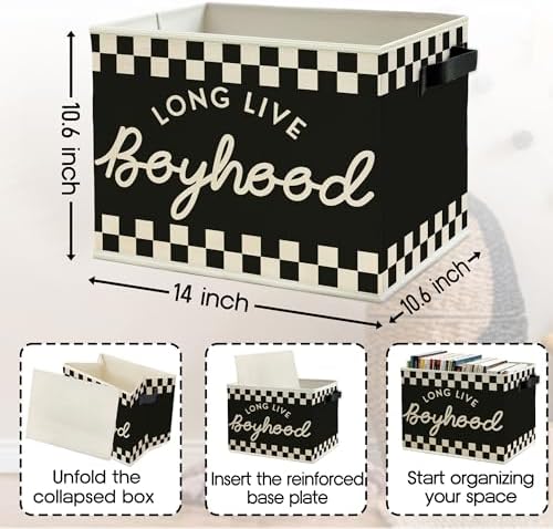 Black and White Checkered Long Live Boyhood Boys Storage Bins Box with Handles, Collapsible Basket Organizer for Kids Boy Nursery Room Bedroom Bathroom Playroom Books Clothes