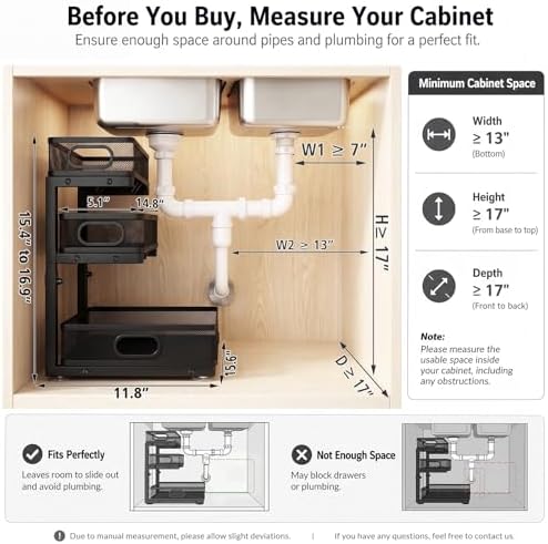 Under Sink Organizer, 3 Tier Pull Out Cabinet Organizer with 5 Adjustable Heights, Metal Under Sink Storage with Sliding Drawers for Kitchen, Bathroom, Pantry and Laundry Room, 2-Pack Black