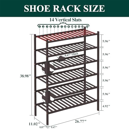 Smiry Bamboo Shoe Rack, 12 Vertical Slats, 6 Tier - 26.8" Wide, Brown