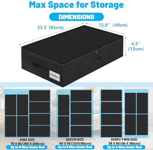 Under Bed Storage Container Bins 2 Pack, 4.5 Inch Slim Low Profile Underbed Clothes Storage Organizer for Dorm & Home, Use for Blanket and Toy Storage Box W/ Sturdy Bottom/Sides, Foldable Thick Fabric