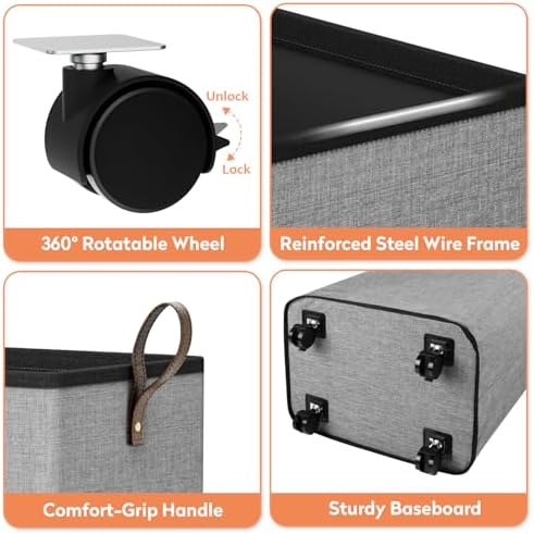 SpaceTrove Rolling Laundry Basket with Wheels, Laundry Hamper, 100L, Grey | Collapsible, 4 detachable wheels including 2 with brakes, sturdy handle, metal frame, for dorms, bathrooms and bedrooms
