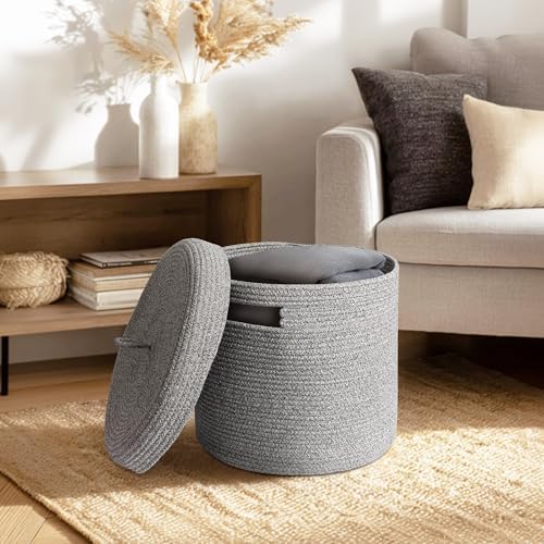 Storage Basket with Lid, Woven Blanket Storage for Living Room, Soft Cotton Rope Bin with Lid, Round Wicker Laundry Basket with Cover, Lidded Kid Dog Toy Box, Nursery Organizer, 15"x13", Gray