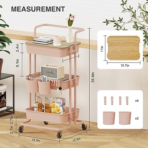 DTK 3 Tier Rolling Utility Cart with Cover Top Board, Movable Kitchen Storage Cart Trolley with Lockable Wheels, Cups, Hooks for Kitchen Bathroom Home Office Art Craft Storage and Organization(Pink)