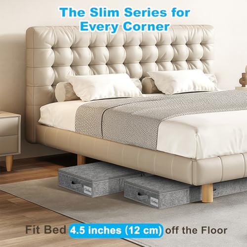 Under Bed Storage Container Bins 2 Pack, 4.5 Inch Slim Low Profile Underbed Clothes Storage Organizer for Dorm & Home, Use for Blanket and Toy Storage Box W/ Sturdy Bottom/Sides, Foldable Thick Fabric