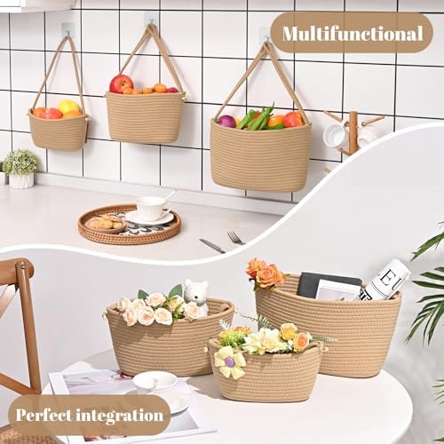 Hanging Basket, 3-Tier Woven Wall Basket with 4 Hooks, Cotton Rope Storage Baskets, Over the Door Organizer for Nursery, Bedroom, Cottage and Boho Wall Decor