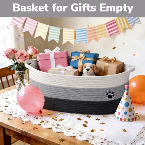 30L Large Woven Rope Dog Toy Basket with Paw Print, Mixed Grey | 19.7" x 11" x 7.9" Dog Toy Bin & Box with Handles, Storage Basket for Blankets Towels, Fits Living Room Nursery Bedroom