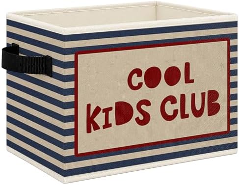 Kids Foldable Storage Bins Box with Handles, Cool Kids Club Blue Striped Collapsible Toys Books Clothes Organizer Basket for Boy Girl Nursery Playroom Room Bedroom Bathroom Playroom
