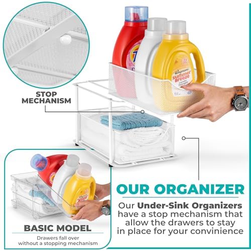 Sorbus Pull-Out Under Sink Organizer, Mesh Construction (White, 2 Pack) | Two-tier metal organization with strong steel and sliding drawers for bathrooms, kitchens, cabinets, closets and pantries.