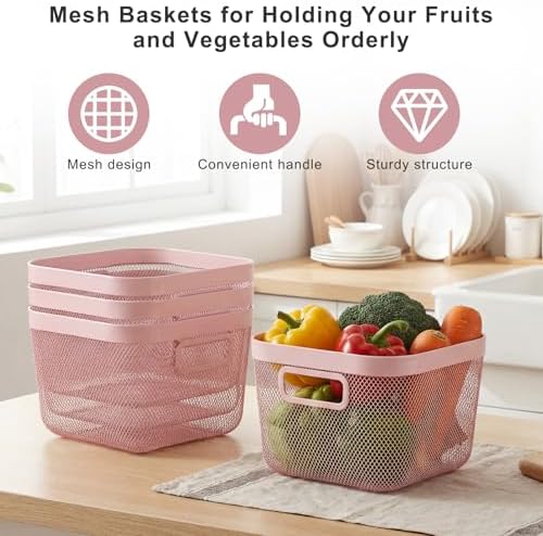 MorningRo 4 Pack Metal Mesh Basket with Hollow Handles Pink Wire Storage Bin for Organizing Stackable Metal Fine Mesh Basket for Pantry Bathroom Kitchen Cabinets Shelves (Medium)