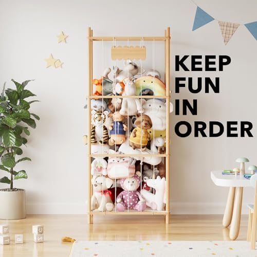 SpaceAid Stuffed Animal Storage Organizer, Wood Animals Zoo Toy Plushies Storage Holder, Large Capacity Plush Toy Cage for Playroom Organization, 22.8" Wide, Natural