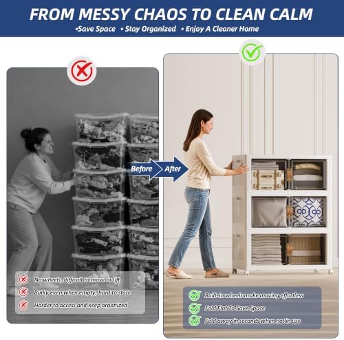 SAILUN 321QT/80Gal Stackable Storage Bins with a Lid, Collapsible Storage Bins With Doors, Folding Cabinet for Home Closet Organization,3 Pack-26 W x 16.5" D x 43.3" H White