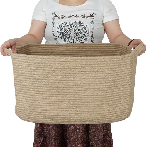 XUANGUO Large Rectangle Woven Jute Rope Storage Basket 22"x17"x12" | Storage basket for living room and nursery; blanket basket, dog toy storage, or laundry basket for clothes and towels.