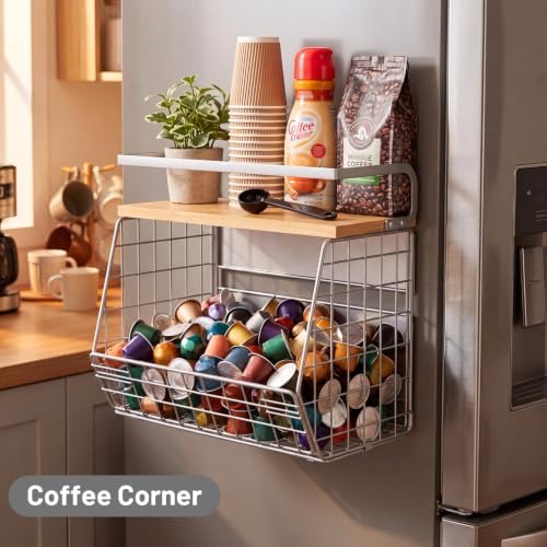 Ofiray-home Magnetic Fridge Shelf with Wood Lid, Fruit Potato Onion Storage Bins, Pantry Organizers, Large Container Spice Rack for Refrigerator, Kitchen Counter, Cabinet (1, Silver)