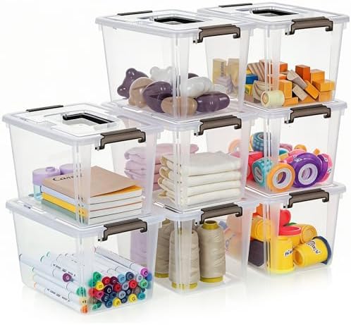 Citylife 8 Packs 6 QT Plastic Storage Bins with Latching Lids Clear Storage Box with handle Stackable Storage Containers for Organizing Snacks, Crafts, Toys, Tools