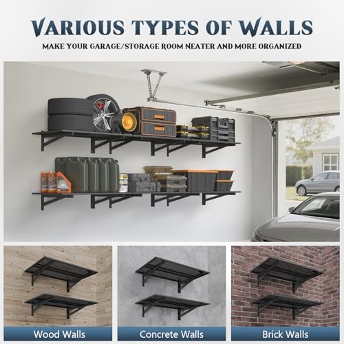 Jusgym 2 Pack Garage Shelving Wall Mounted, 2x3ft, 700LBS Integrated Grid | Heavy Duty Garage Wall Shelving, 24"x72" Garage Storage Rack Floating Shelves, Rustproof Black Coating for Garage Workshop