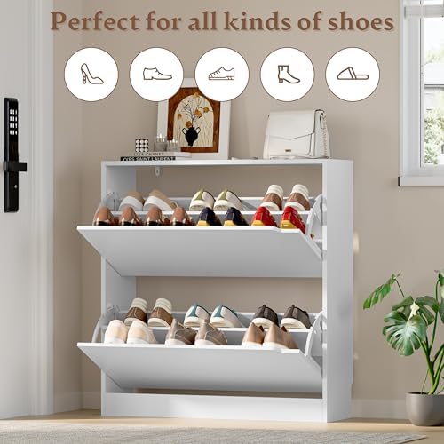 BORNOON Shoe Cabinet with 2 Flip Drawers, Slim Narrow Shoe Storage Cabinet, Freestanding Shoe Organizer with Adjustable & Removable Shelves, Top Display Shelf for Entryway, Hallway, Foyer, Closet