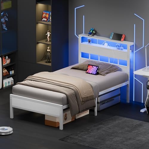 Furnulem Twin Bed Frames with Storage Headboard, Charger & RGB LED, White