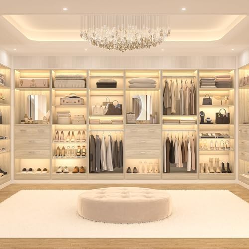 Unikito 50” Closet System with 4 Drawers, 4.2FT Wood Closet Organizer with Hanging Rod and Mirror, Reversible Small Walk in Closets Wardrobe, Adjustable Sturdy Clothes Garment Rack, White Oak