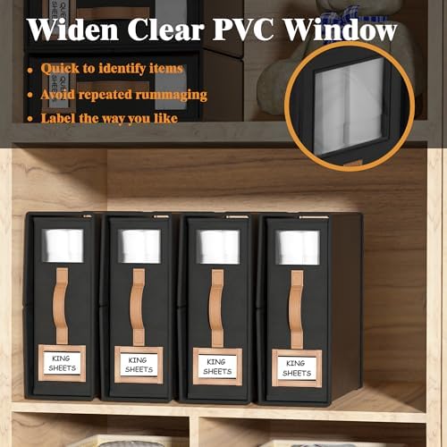 8 Pack Foldable Bed Sheets Set Organizers and Storage(King & Queen Size),Linen Fabric Closet Organizers with Window,Folding Bedding Storage Box for Bedsheets and Pillow Cube Organizer-Black