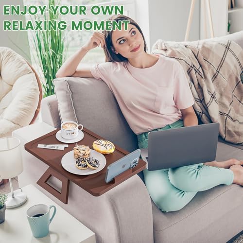 Youpehom Bamboo Sofa Tray,Couch Arm Table, Clip-On Armrest Tray Table for Wide Couch Foldable Tray with 360° Phone Holder Couch Arm Tray for Eating/Drinks/Snacks/Remote，2 Pack