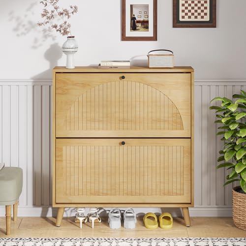 Fsbecl Shoe Storage Cabinet for Entryway with 2 Fluted Flip Drawers, Oak