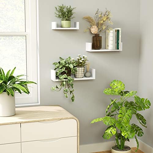 SRIWATANA White Floating Shelves, Set of 3 Solid Wood Wall Mounted Shelves