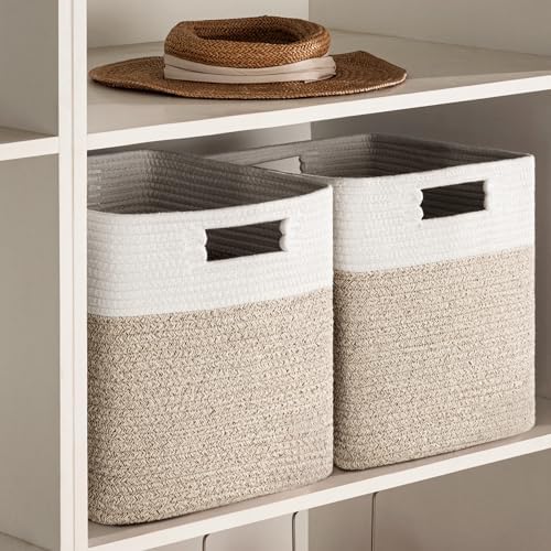 UBBCARE Set of 4 Storage Basket-12 X 12 X 12 in, Cotton Rope Basket for Shelves, Toys, Book, Cube Storage Bins with Handles, Woven Storage Basket for Organizing, White Brown