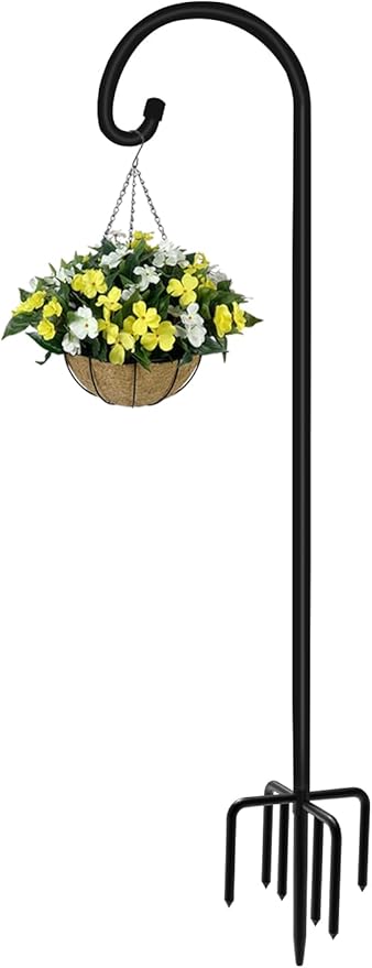 Artigarden 92 inch Outdoor Shepherd Hook with Upgraded 7 Prong Base (1 Pack), Adjustable Heavy Duty Garden Hanging Stake for Bird Feeder Solar Light Plant Hanger Wedding Decor, Matte Black