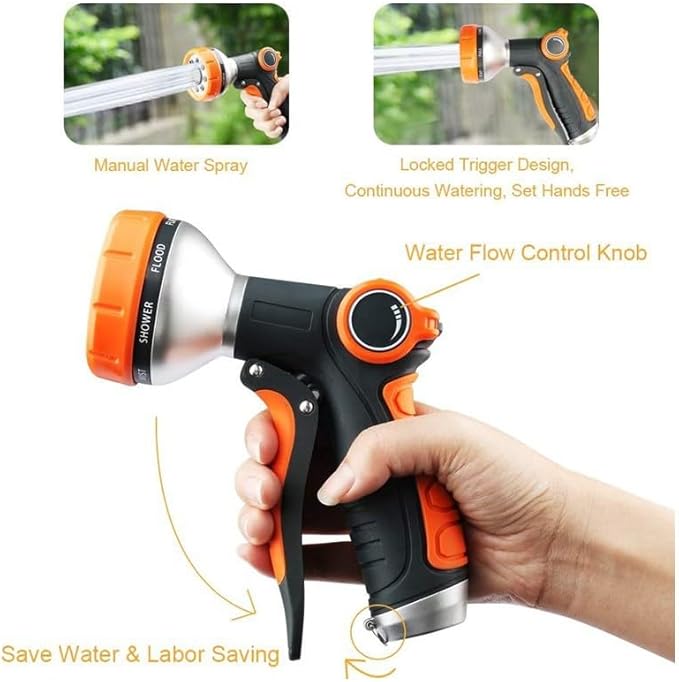 Garden Hose Nozzle Heavy Duty, High Pressure Adjustable 8 Patterns Metal Water Hose Nozzle Volume Control Valve Attachment Hose Sprayer Nozzle for Outdoor Garden Watering Car Washing Pet Showering