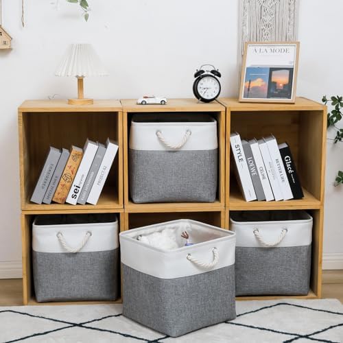 MidmmVick 13 x 13 Inch Cube Storage Bins, 6 Pack Extra Large Collapsible Fabric Storage Bin with Ropes, Foldable Storage Cubes for Home (White & Grey-13"x13"x13")