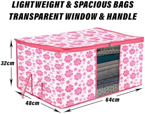 Kuber Industries Underbed Storage Bag | Clothes Storage Organizer | Blanket Cover with Clear Window | Zipper Closure & Handle Cloth Organizer | Flower-Design | Large | Pack of 4 | Pink
