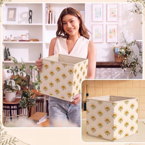 Bokon 6 Pcs 11'' Mustard Yellow Block Print Storage Bin Floral Storage Cube