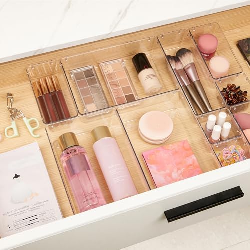 Vtopmart 10 Pack Clear Drawer Organizer Bins, 4 Sizes Makeup Storage Trays | Makeup & Vanity Storage Organizers for Drawers, Bathroom, Office and Daily Essentials, Clear Acrylic Bins Keep Items Sorted