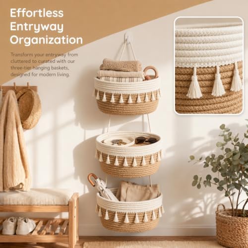 Hanging Basket, Over Door Organizer, 3 -Tier Wall Basket with Hooks (Tassel)