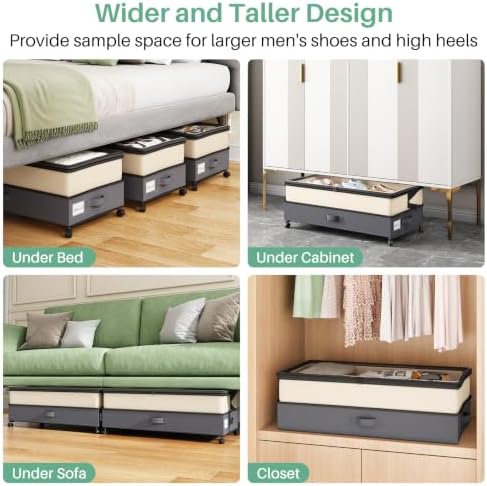 Kitstorack 4 Pack Height-adjustable Under Bed Storage with Wheels, Under Bed Storage Containers,Under Bed Shoe Storage Organizer with Clear Window&Label, Suitable for Clothes Storage, Beige & Gray