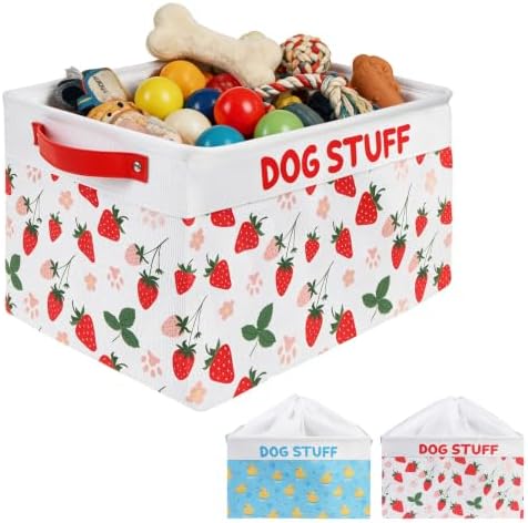 KOOLTAIL Dog Toy Basket, Collapsible Dog Toy Bin Box with Drawstring Cinch Top &Handles, Pet Food Storage Organizer for Dog Toys, Apparel, Blankets and Leashes, Pink Strawberry, M, 15.3"x11"x9.5"